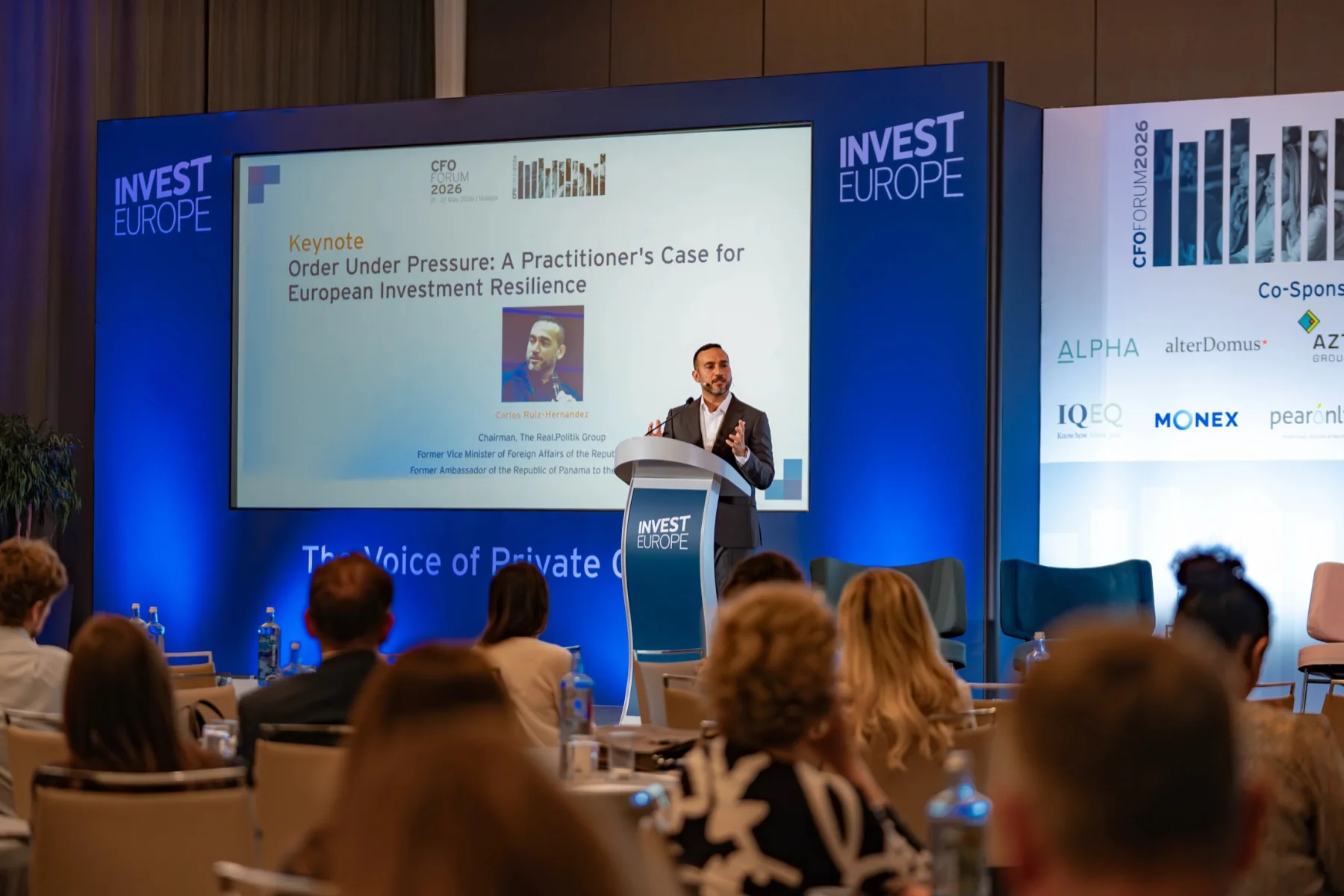Carlos Ruiz Hernandez delivering a keynote at Invest Europe.
