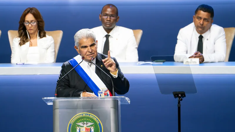 Panama President José Raúl Mulino speaking at an inauguration